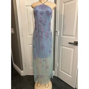 Stenay Y2K Beaded Mesh Halter Dress Blue Lilac Strappy Back Size 12